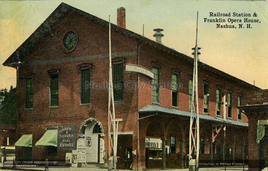 Postcard: Railroad Station & Franklin Opera House, Nashua, N.H.